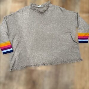 THML Knit Top Sweater S Fringe Trim Tan Pullover Boat Neck Rainbow Stripe Cuff